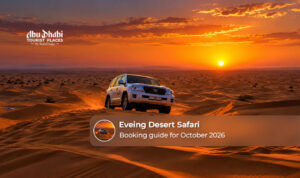 Travellers enjoying a sunset desert safari with dunes glowing under the evening sky.