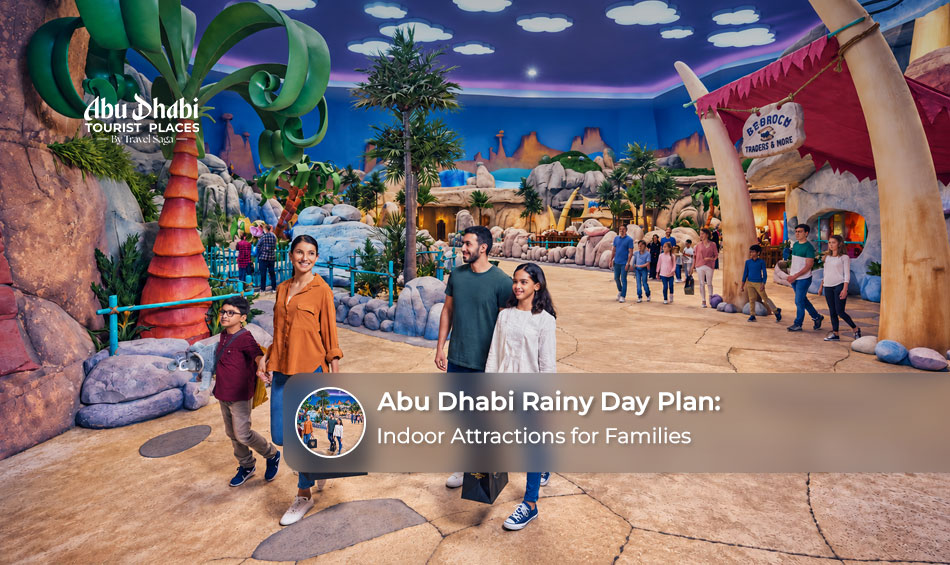 Families enjoying indoor entertainment and exciting activities at family-friendly attractions in Abu Dhabi on a rainy day.