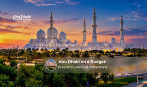 Travellers exploring Abu Dhabi's iconic landmarks, cultural attractions, and scenic waterfront while keeping their travel expenses low.