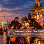 Visitors enjoying spooky decorations, Halloween costumes, and themed celebrations at Abu Dhabi attractions.